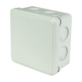 Mercury IP55 87mm weatherproof junction box in white polycarbonate with hinged lid and pre-formed M20 knockouts on a plain background.