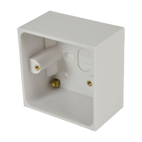 Mercury 1 gang 47mm white thermoplastic surface mount back box with moulded knockouts and brass fixing lugs, shown on a plain background.