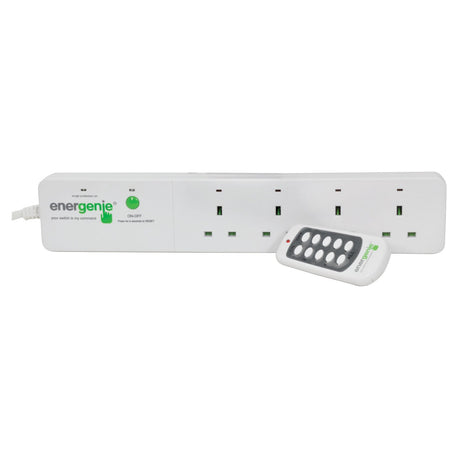 The Energenie 4 Gang Extension Lead with Remote Control - 1.8m is a white power strip featuring four sockets, surge protection, and a wireless remote control. Designed to save energy, it is the perfect companion for domestic appliances and includes green indicator lights to ensure efficient usage.