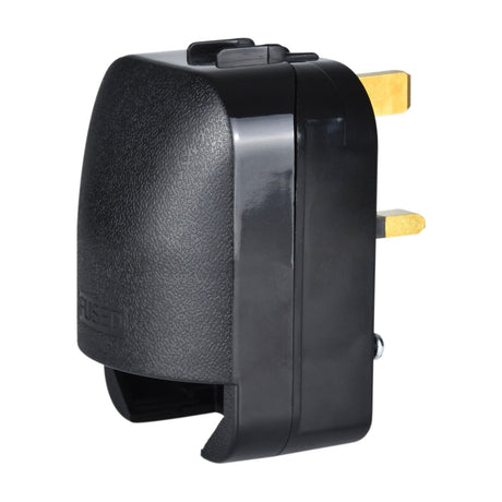 Mercury Euro to UK converter plug in black with 13A fuse, showing UK 3-pin brass prongs and textured polycarbonate housing on a white background.