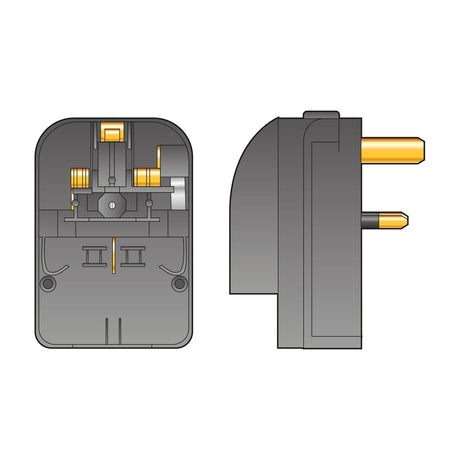 Mercury Euro to UK converter plug in black with 13A fuse, shown from front and side with UK 3-pin format and internal fuse layout visible.
