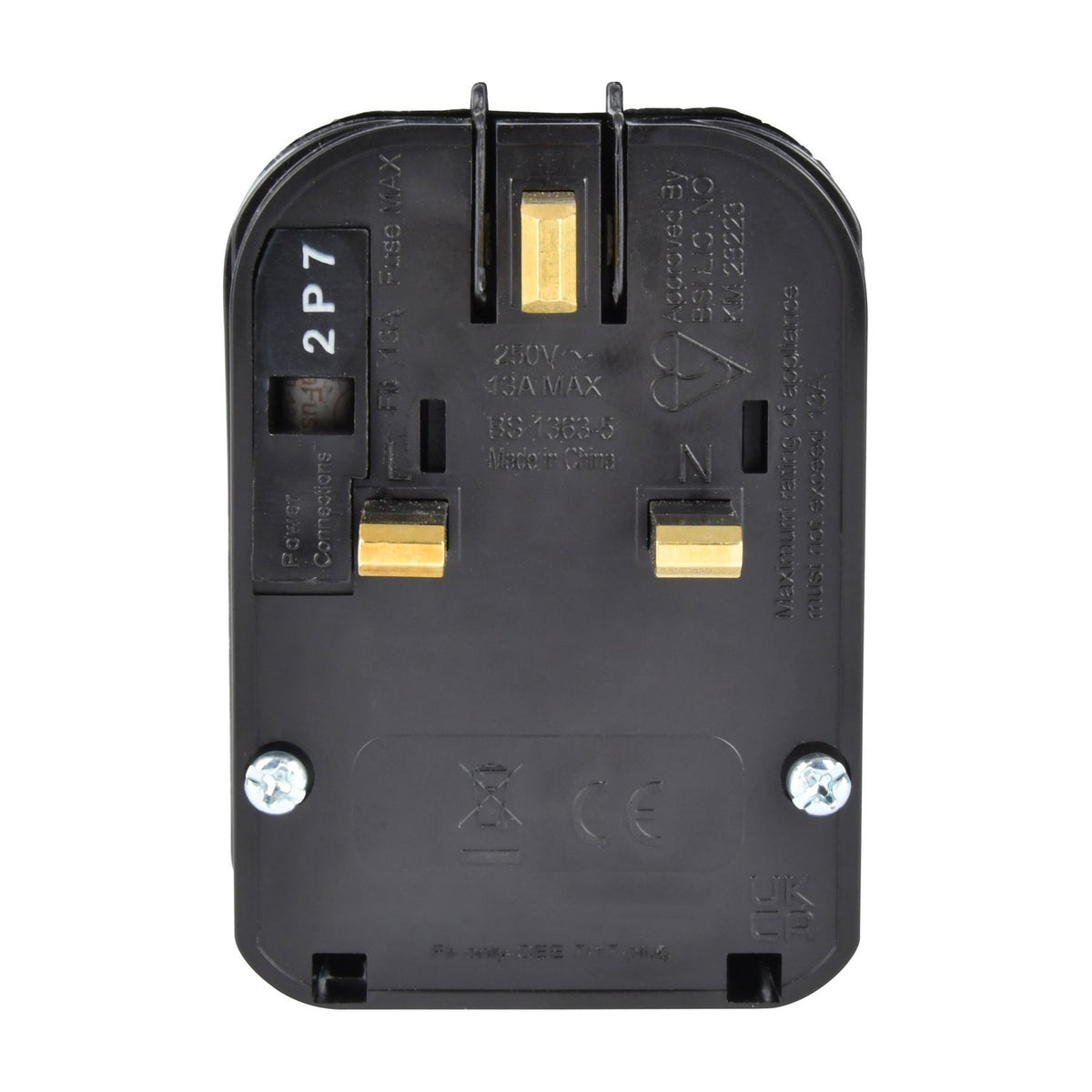 Rear view of the AVSL Mercury Euro to UK Converter Plug in black, showing UK 3-pin layout, 13A fuse compartment, and BS1363 markings on a white background.