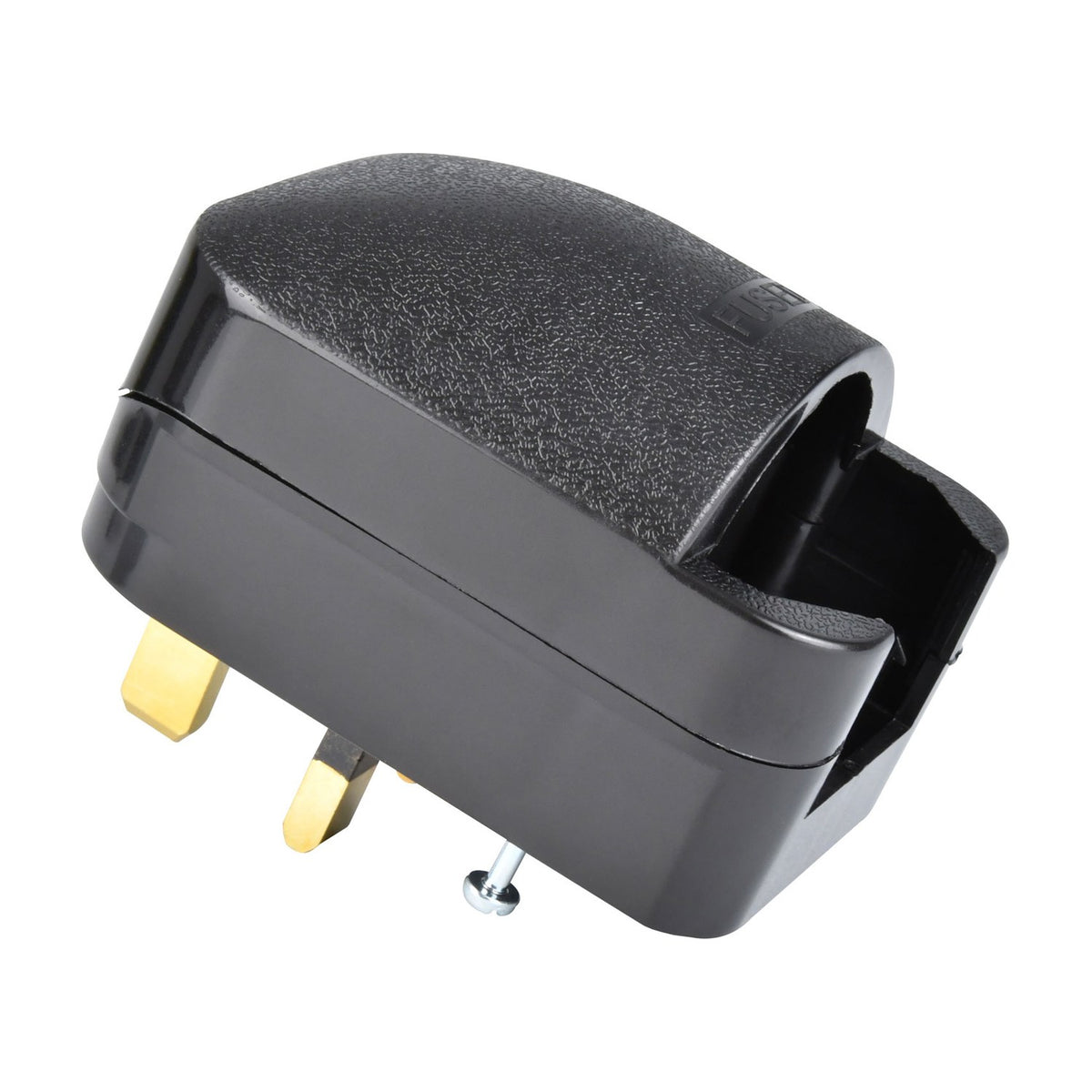 Mercury Euro to UK converter plug in black with 13A fuse, showing UK 3-pin brass prongs and front socket recess for European plugs.