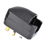 Mercury Euro to UK converter plug in black with 13A fuse, showing UK 3-pin brass prongs and front socket recess for European plugs.