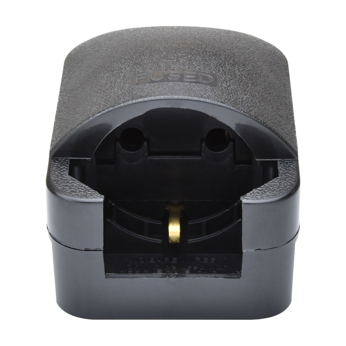 Mercury Euro to UK converter plug in black with 13A fuse, showing the front Euro socket face with round recess and earth pin, on a plain background.