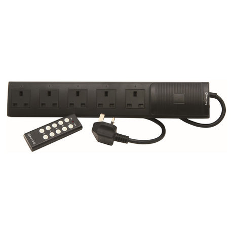 The Mercury 5 Gang Remote Controlled Extension Lead - 2m, in black, is displayed with six outlets and an attached power cord. It includes surge protection and comes with a multi-button remote control for efficiently managing power to connected devices.