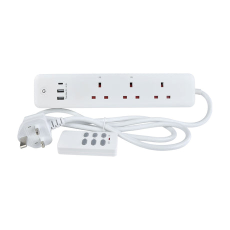 Mercury 3-gang white extension lead with two USB-A and one USB-C ports, power button, 1m cable with UK plug, and remote control.