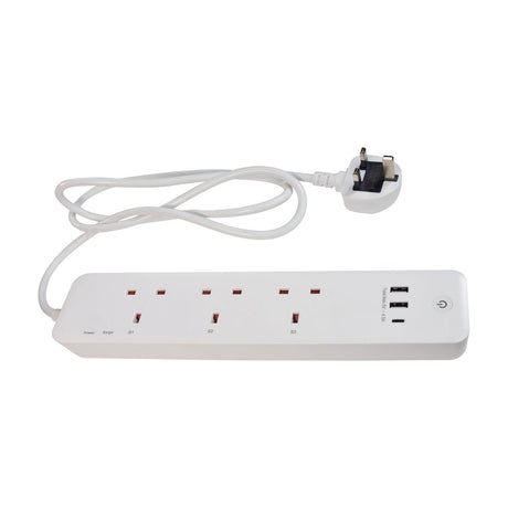 AVSL Mercury 3-gang white extension lead with UK sockets, USB-A and USB-C ports, power button and 1m cable with UK plug on a white background.