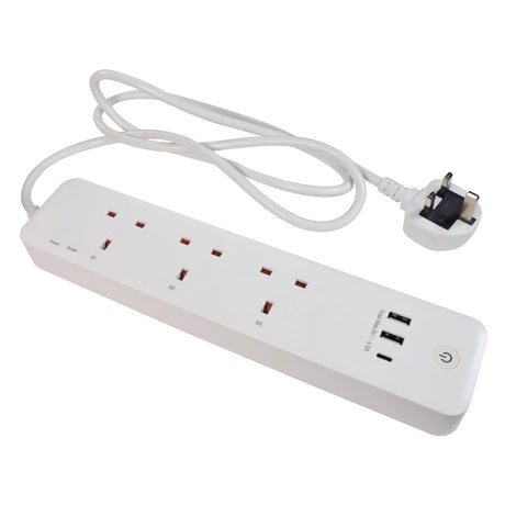 The Mercury 3 Gang Remote Extension Lead + USB - 1m comes in white and includes three UK plug sockets and four USB charging ports. It features a white cable with an attached UK plug and has a conveniently located round power button on the side for easy access.