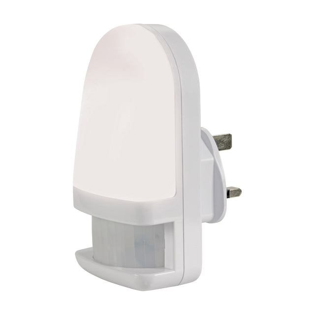 LYYT LED plug-in night light with PIR motion sensor, white moulded plastic housing with UK 3-pin plug and front sensor, on a white background.