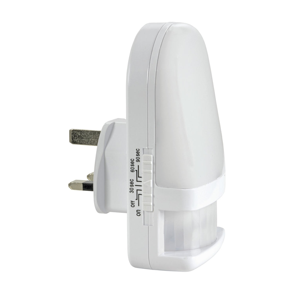 LYYT LED plug-in night light with UK 3-pin plug, front PIR motion sensor and side-mounted timer switch marked Off, 30, 60 and 90 seconds, in white.