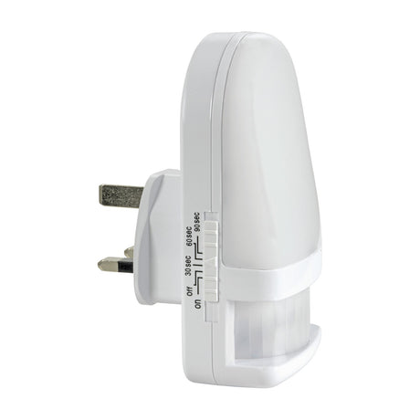 LYYT LED plug-in night light with UK 3-pin plug, front PIR motion sensor and side-mounted timer switch marked Off, 30, 60 and 90 seconds, in white.