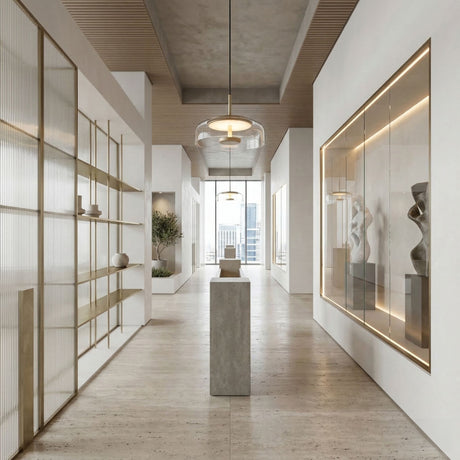 A modern, minimalist art gallery featuring neutral tones, tall ceilings, sculptures, ceramics on glass shelves, large windows, and artwork on the right wall illuminated by the Blossom LED Glass Pendant Light in gold.