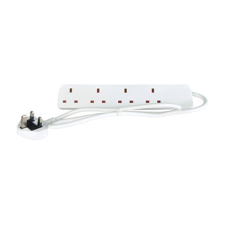 Mercury 4 gang extension lead in white with four UK 13A sockets, red neon switches and 1m cable with 3-pin plug on a white background.