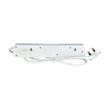 Underside view of the Mercury 4 gang extension lead in white ABS with rating label, mounting keyholes and 1m cable ending in a UK 3-pin plug.