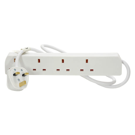 The Mercury UK 4 Gang Extension Lead - 1m, a white electrical power strip with four UK sockets and a built-in white cable, is ideal for an easy wall-mountable setup.