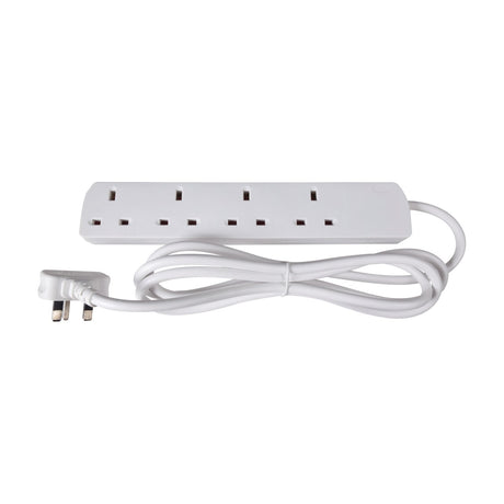 Mercury 4 gang extension lead in white with four UK 13A sockets, 2m cable and moulded 3-pin plug, shown on a plain white background.