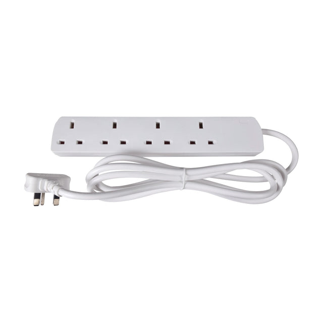 Mercury 4 gang extension lead in white with four UK 13A sockets, 2m cable and moulded 3-pin plug, shown on a plain white background.