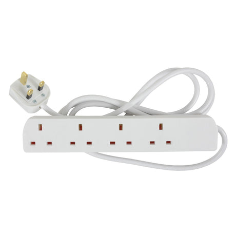 Introducing the Mercury UK 4 Gang Extension Lead - 2m: a wall-mountable white electrical power strip featuring four outlets, equipped with an attached 13A UK plug on a curly white cord for added convenience.