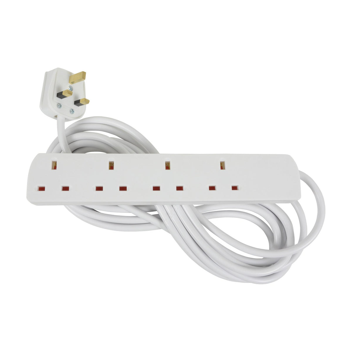 Mercury 4 gang extension lead in white ABS with 5m cable and moulded UK 13A plug, coiled on a plain white background.