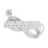 Mercury 4 gang extension lead in white ABS with 5m cable and moulded UK 13A plug, coiled on a plain white background.