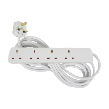 Mercury 4 gang extension lead in white ABS with 5m cable and moulded UK 13A plug, coiled on a plain white background.