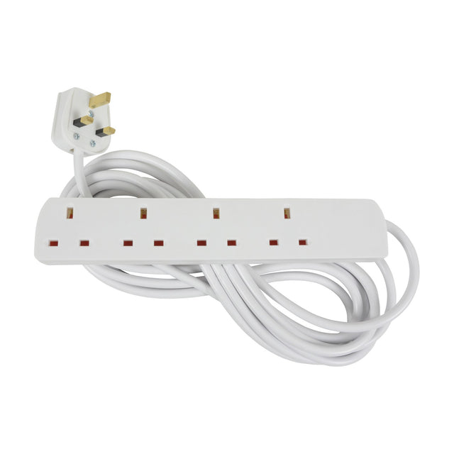 Mercury 4 gang extension lead in white ABS with 5m cable and moulded UK 13A plug, coiled on a plain white background.