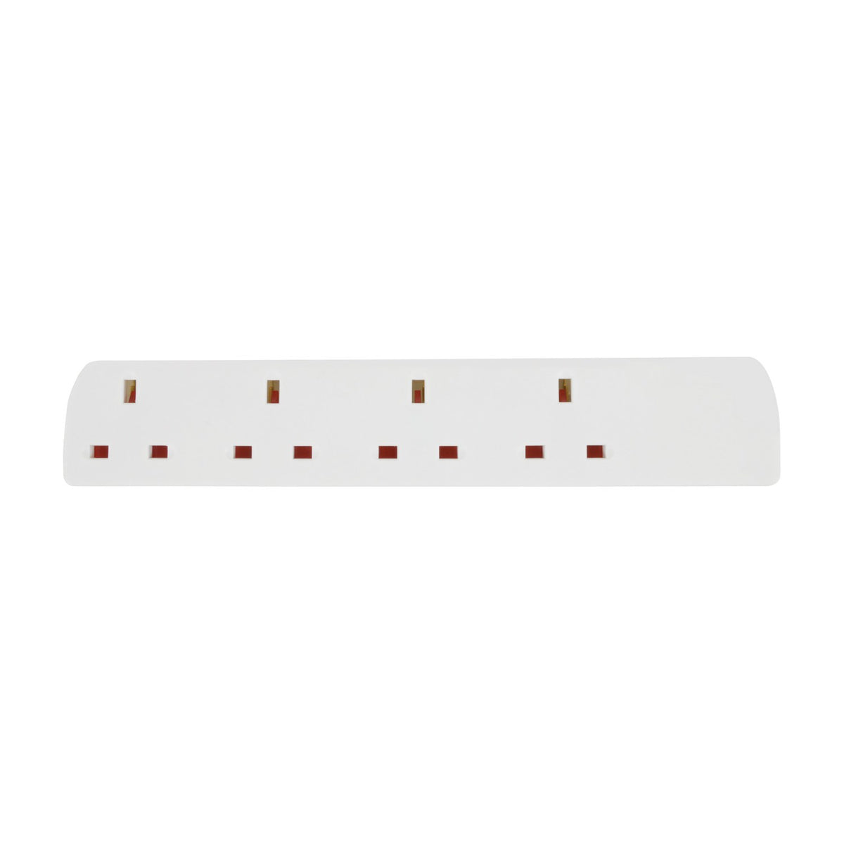Mercury 4 gang extension lead in white ABS with four UK 13A sockets in a low-profile block, shown on a plain white background.