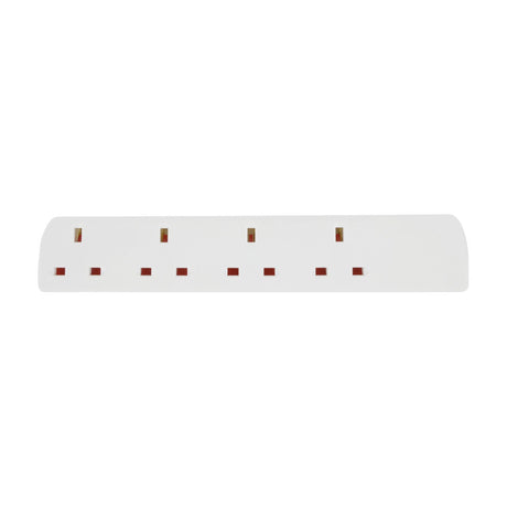 Mercury 4 gang extension lead in white ABS with four UK 13A sockets in a low-profile block, shown on a plain white background.