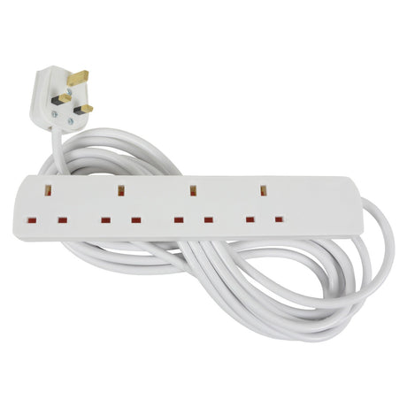 The Mercury UK 4 Gang Extension Lead - 5m is a white electrical power strip that includes four sockets and a coiled cable, complete with a 13A UK plug. This extension lead is practical and versatile, making it ideal for everyday use.