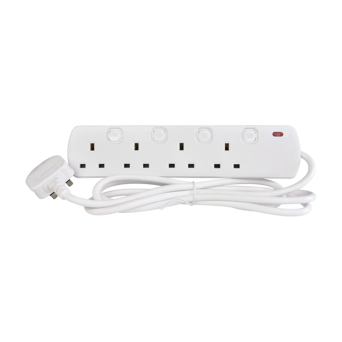 Mercury 4 gang switched extension lead in white with individual rocker switches, four UK sockets, neon indicator and 2m cable on a white background.