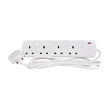Mercury 4 gang switched extension lead in white with individual rocker switches, four UK sockets, neon indicator and 2m cable on a white background.