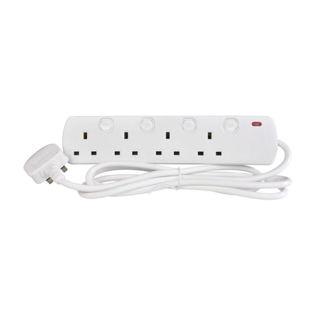 Mercury 4 gang switched extension lead in white with individual rocker switches, four UK sockets, neon indicator and 2m cable on a white background.
