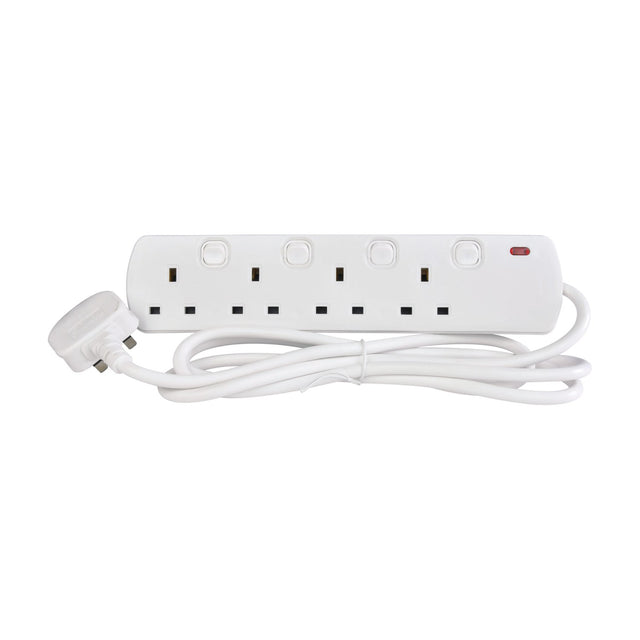 Mercury 4 gang switched extension lead in white with individual rocker switches, four UK sockets, neon indicator and 2m cable on a white background.