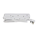 Rear view of the AVSL Mercury 4 Gang Switched Extension Lead in white, showing keyhole mounting slots, coiled 2m cable and UK 3-pin plug.