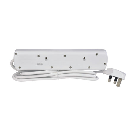 Rear view of the AVSL Mercury 4 Gang Switched Extension Lead in white, showing keyhole mounting slots, coiled 2m cable and UK 3-pin plug.