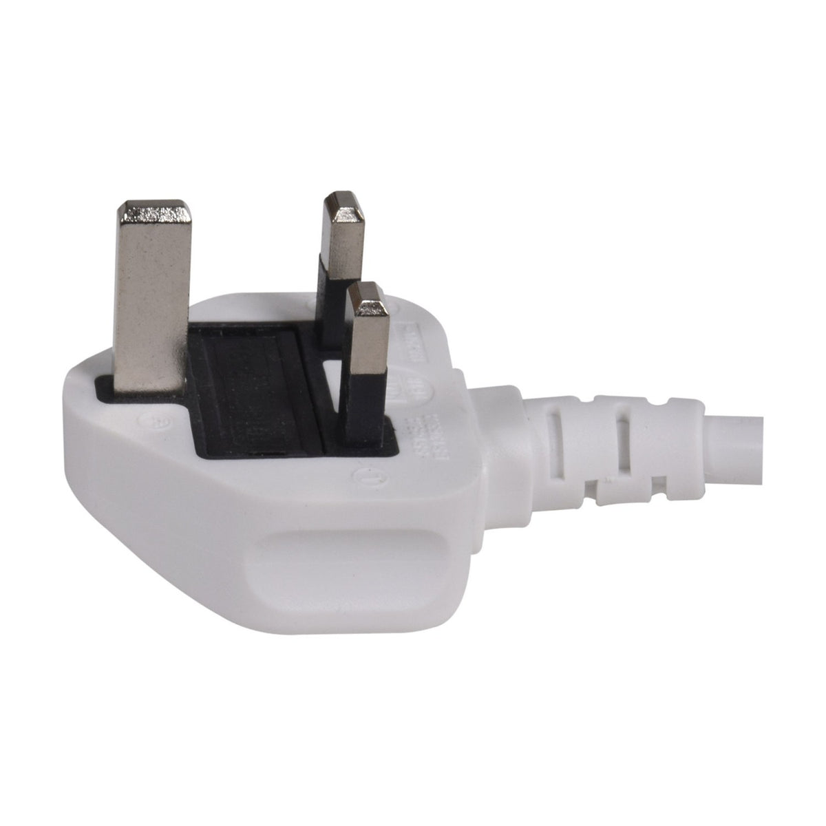 Close-up of the UK 3-pin plug on the Mercury 4 Gang Switched Extension Lead in white, showing fused pins and cable strain relief on a plain background.