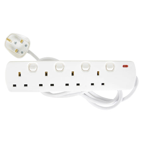 The Mercury UK 4 Gang Switched Extension Lead - 2m includes four sockets, each with individual switches and a red indicator light. Its plug and cable make it versatile for different arrangements, while its wall-mountable design provides easy access in any environment.