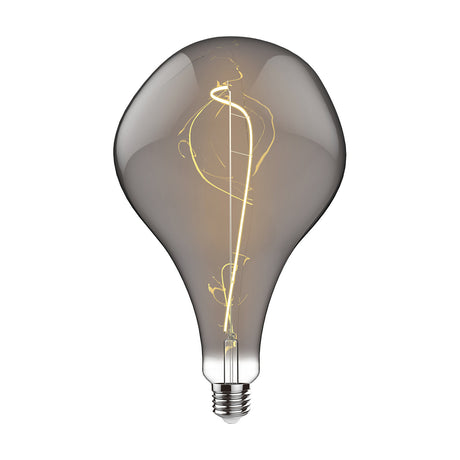 Large decorative E27 filament bulb with smoked glass, oversized teardrop shape, spiral warm-glowing filament, and chrome screw cap on a plain white background.