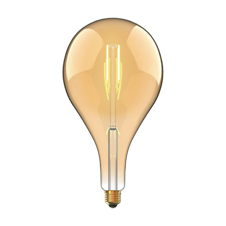 Large classic-shape E27 LED filament bulb in amber glass with visible vertical filaments, dimmable, 4W, 2100K, on a plain white background.