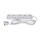 Mercury 4 gang surge protected extension lead in white with four UK 13A sockets, green indicator light and 2m cable with moulded plug on a white background.