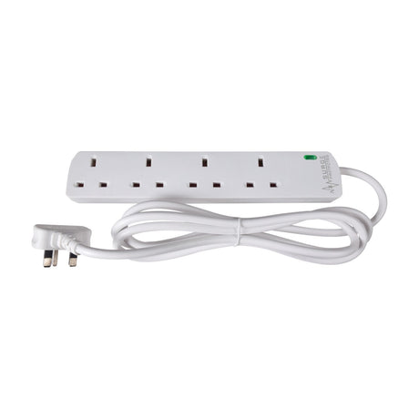 Mercury 4 gang surge protected extension lead in white with four UK 13A sockets, green indicator light and 2m cable with moulded plug on a white background.