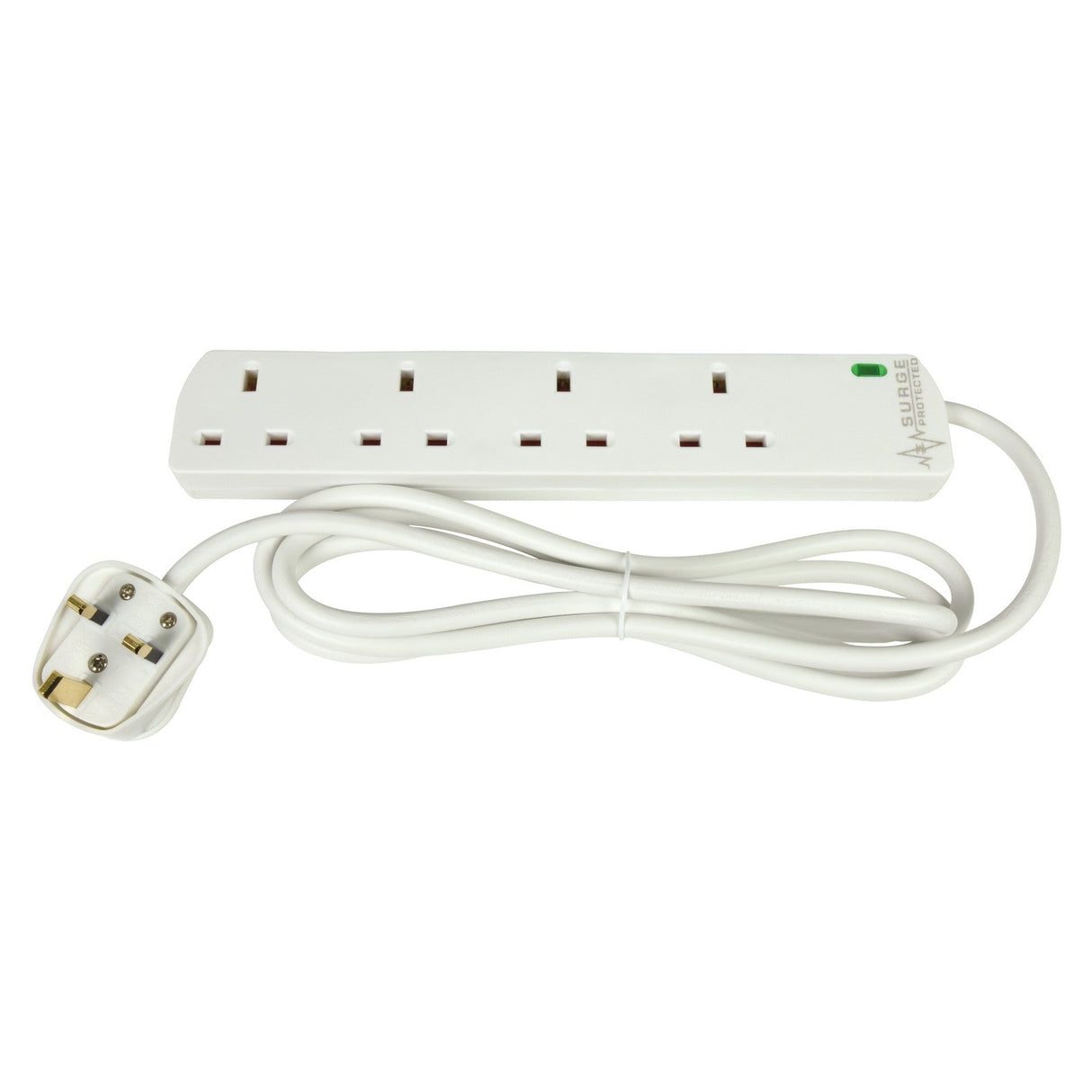 The Mercury UK 4 Gang Extension Lead With Surge Protection - 2m is a practical and secure power strip featuring a three-pin plug with surge protection and a small green indicator light. It comes with four outlets, making it perfect for any setup, and the two-meter long cord adds convenience. Additionally, this wall-mountable extension lead includes a 13A UK plug.