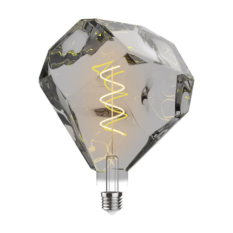 Faceted diamond-shaped E27 LED bulb with smoked glass, spiral filament, and chrome cap, shown on a plain white background.