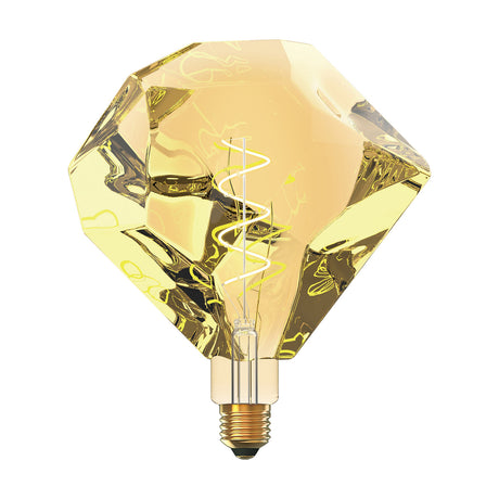 Oversized diamond-cut decorative LED bulb with amber glass, visible spiral filament and E27 brass fitting, shown on a plain white background.