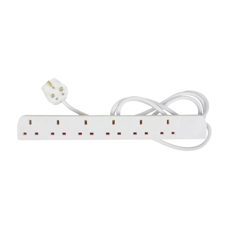 Mercury 6 gang extension lead in white with six UK 13A sockets in a row and a 2m cable ending in a UK plug, on a plain white background.
