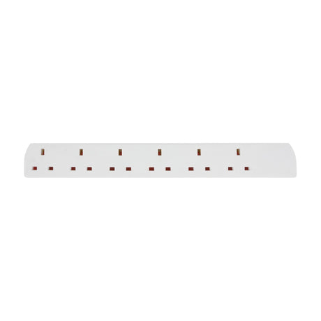 Mercury 6 gang extension lead in white with six UK 13A sockets arranged in a single row along the housing, shown on a plain white background.