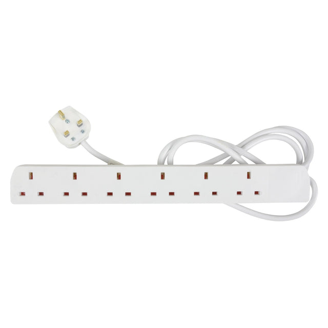 The Mercury UK 6 Gang Extension Lead - 2m provides convenience and versatility with its white, six-outlet design, featuring a coiled cable and a 13A UK plug. This wall-mountable extension lead is designed to optimize your space while ensuring efficient power distribution.