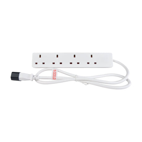 Mercury 4 gang to IEC C14 1m extension lead in white with black C14 plug and coiled cable, shown on a plain white background.