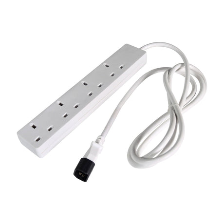 Mercury 4 gang UK socket extension lead in white with 2m cable and IEC C14 connector, shown on a plain white background.